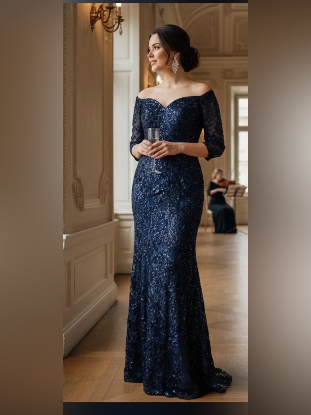 Xscape Off The Shoulder Gown Size 16W NWT. Navy. Runs small. Sequin & Soutache. - Picture 2 of 5